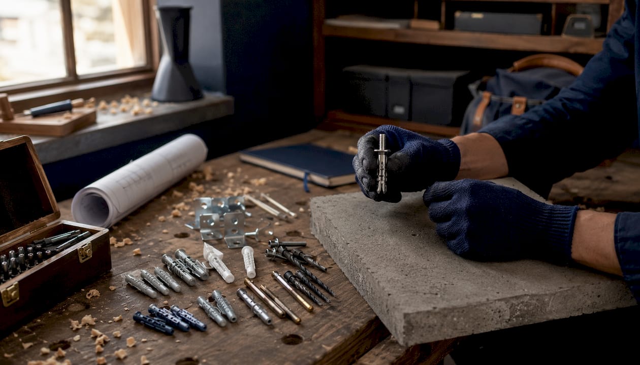 Hands holding wall fixings and anchors on workshop bench
