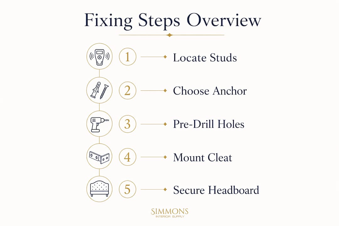 Infographic showing key steps for wall mounted headboard fixing