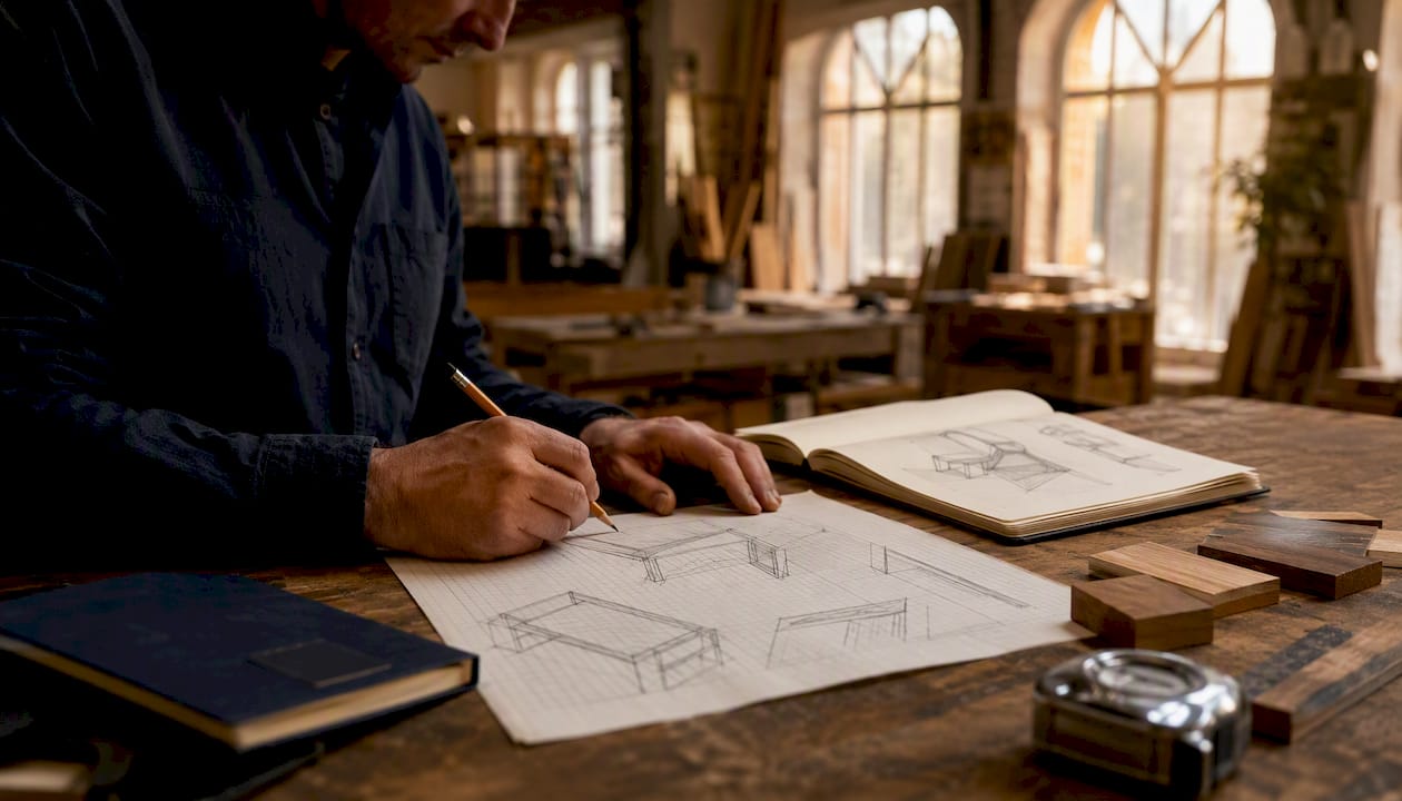 Hands sketching furniture concepts with CAD on tablet