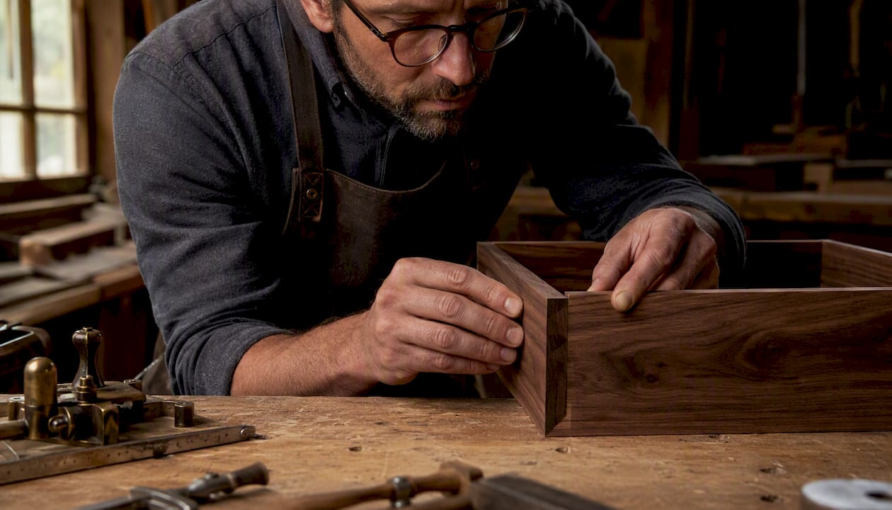 Hands fitting half-blind dovetail joint in walnut wood