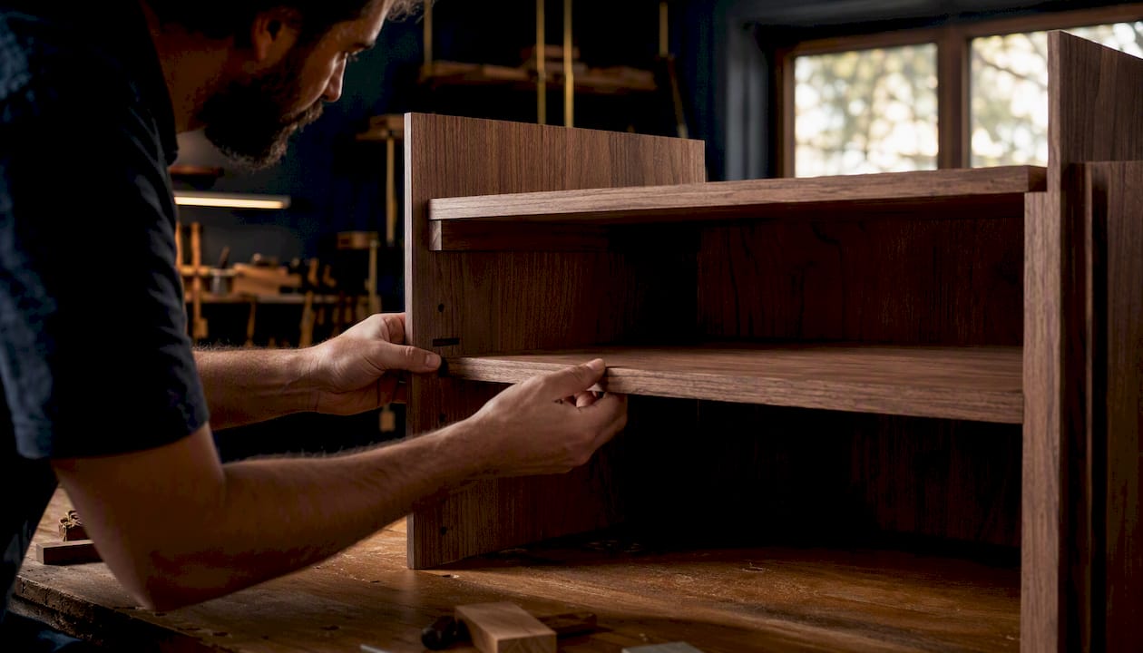 Hardwood shelf fitting stopped dado joint in cabinet