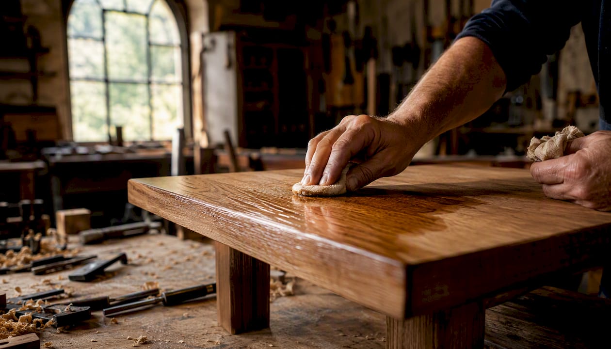 Hands applying oil finish on solid wood table
