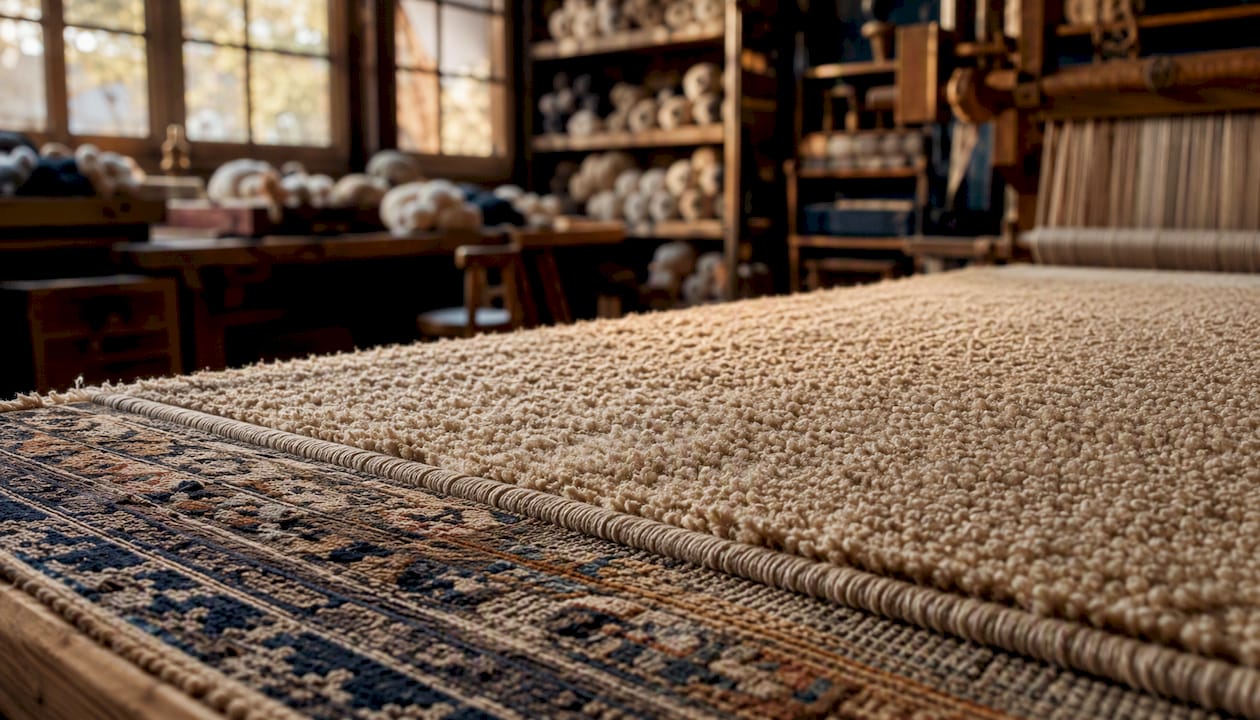 Close-up of hand-tufted rug field and hand-knotted border