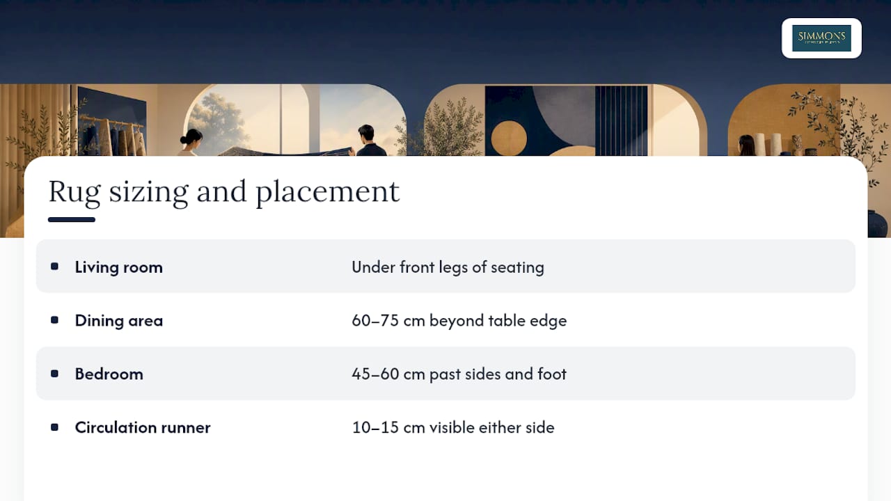 Diagram showing rug size and placement rules