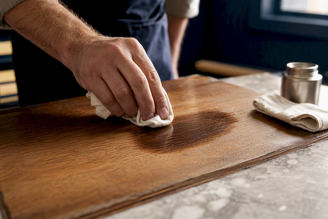 Cloth feathering a wood stain repair edge