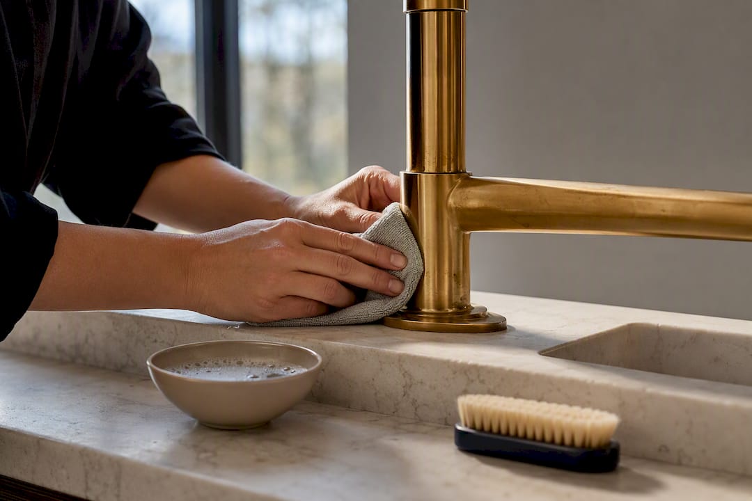 Microfibre cloth cleaning a brass fitting