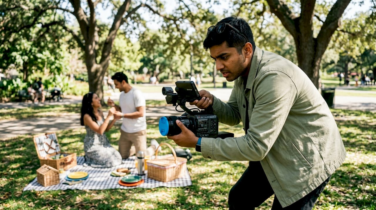Cinematographer filming commercial on set