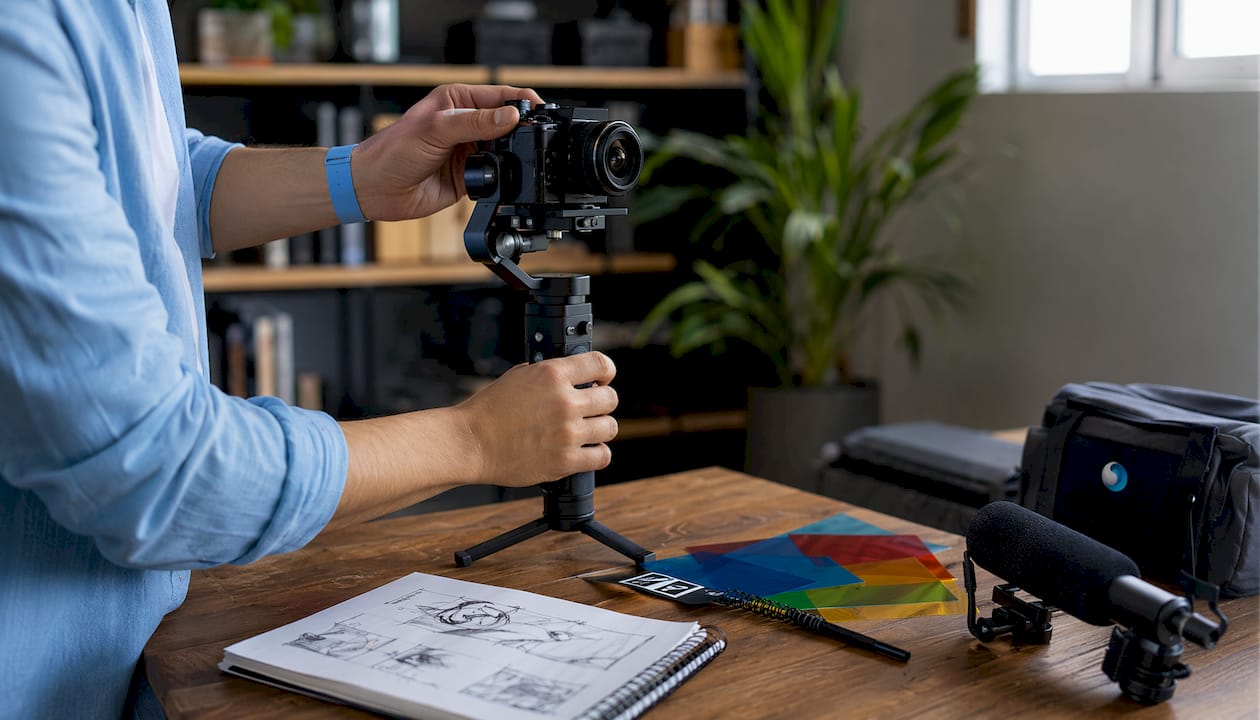 Hands adjusting smartphone stabilizer gear