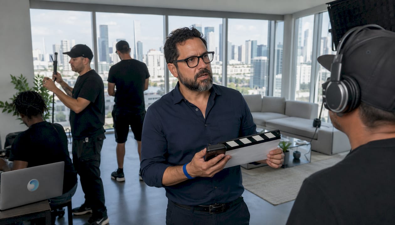 Director managing vertical video shoot on warehouse set
