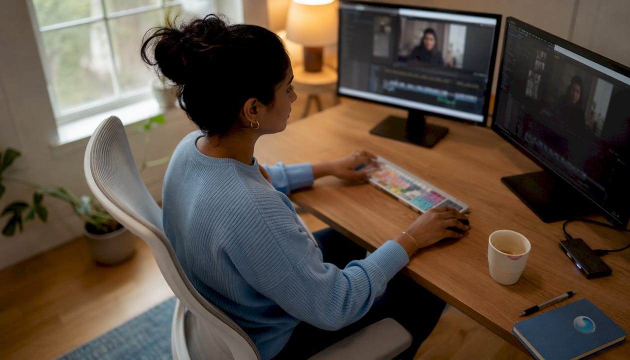 Video editor working on testimonial footage
