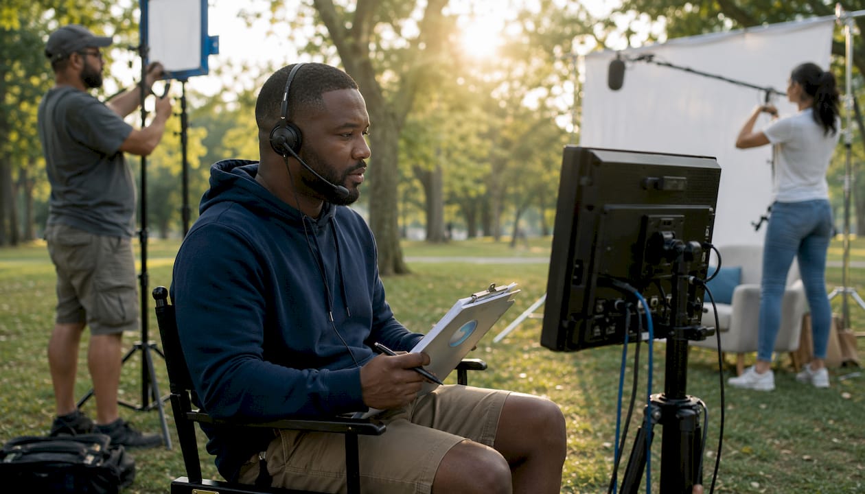 Director reviewing video footage on set