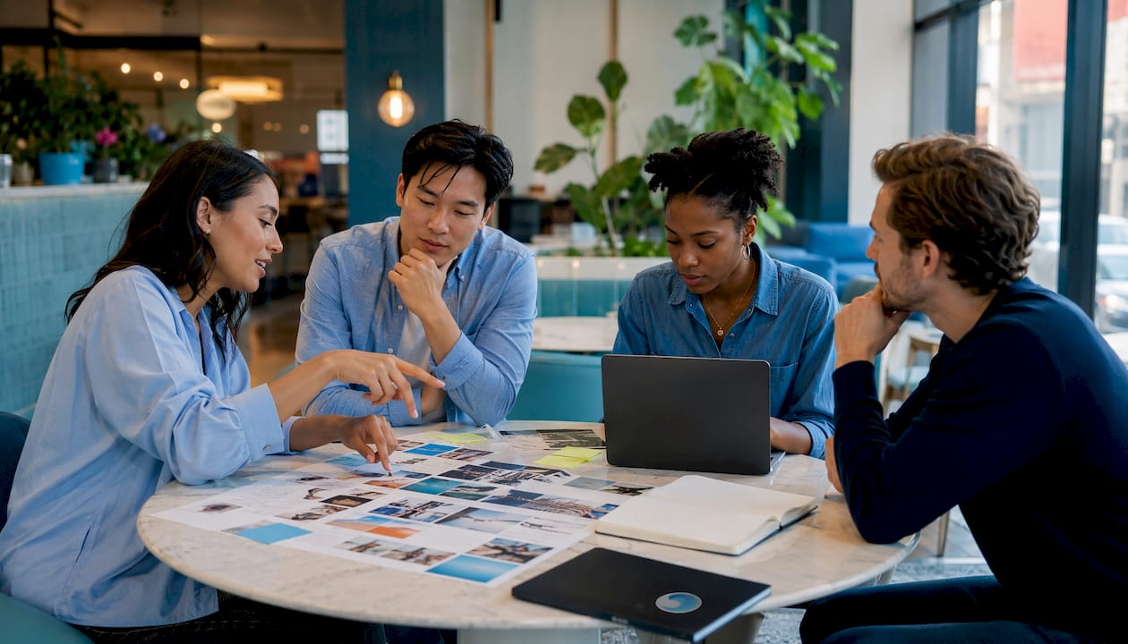 Diverse team brainstorming brand stories