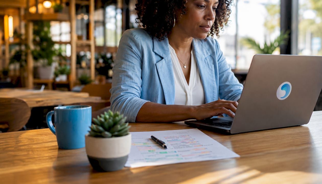 Woman typing scene progression notes in office