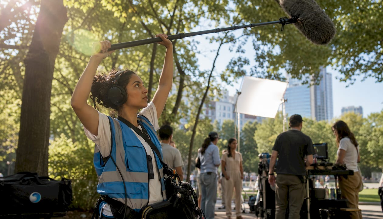 Sound engineer capturing audio on film set outdoors