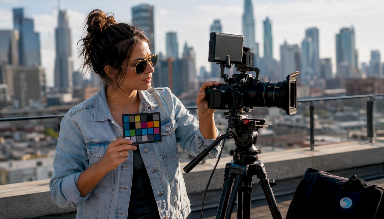 Filmmaker setting monitoring LUT outdoors