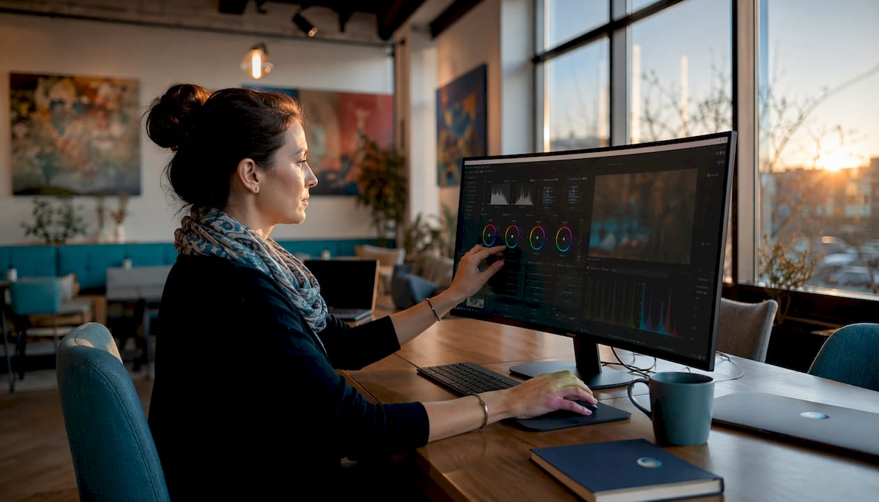 Hands adjusting color grading software interface