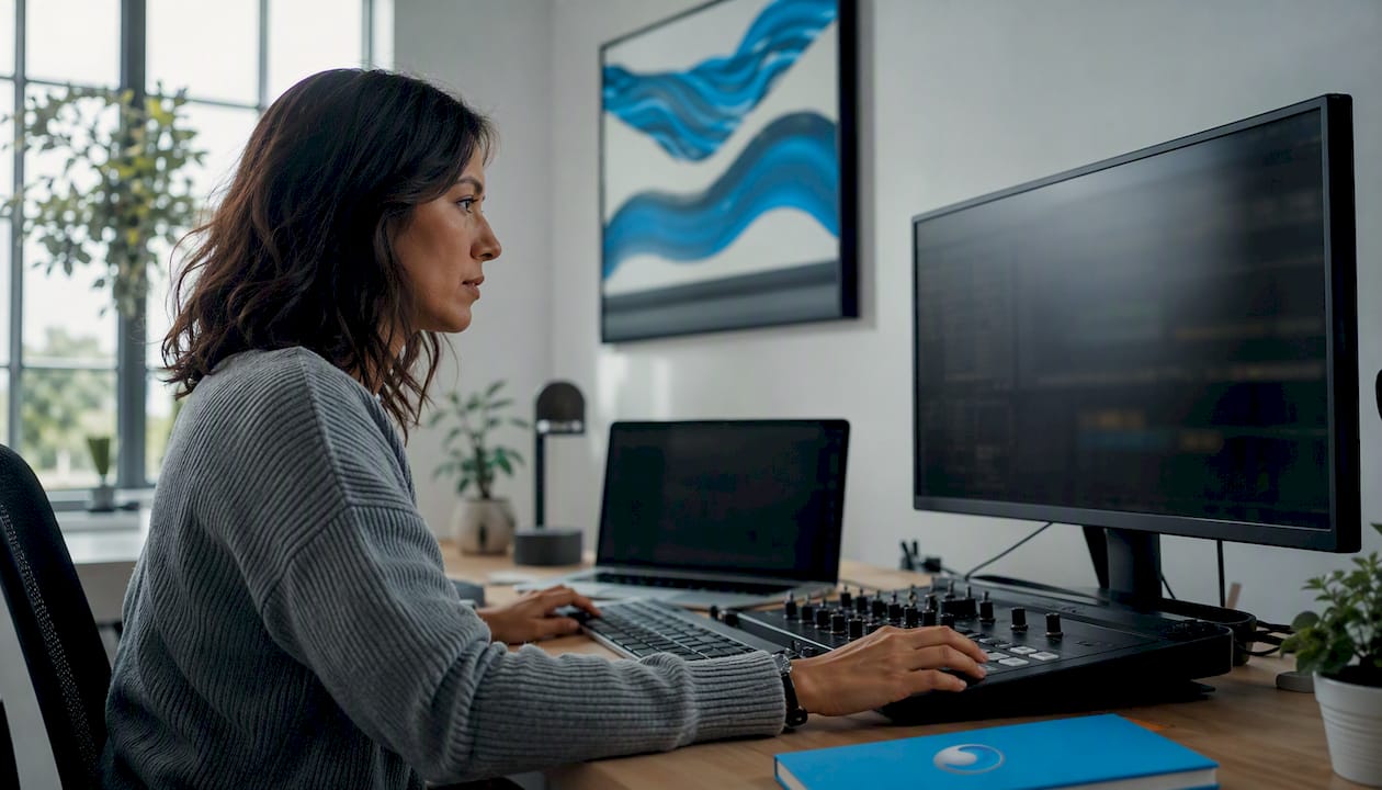 Hands working on video editing console in studio
