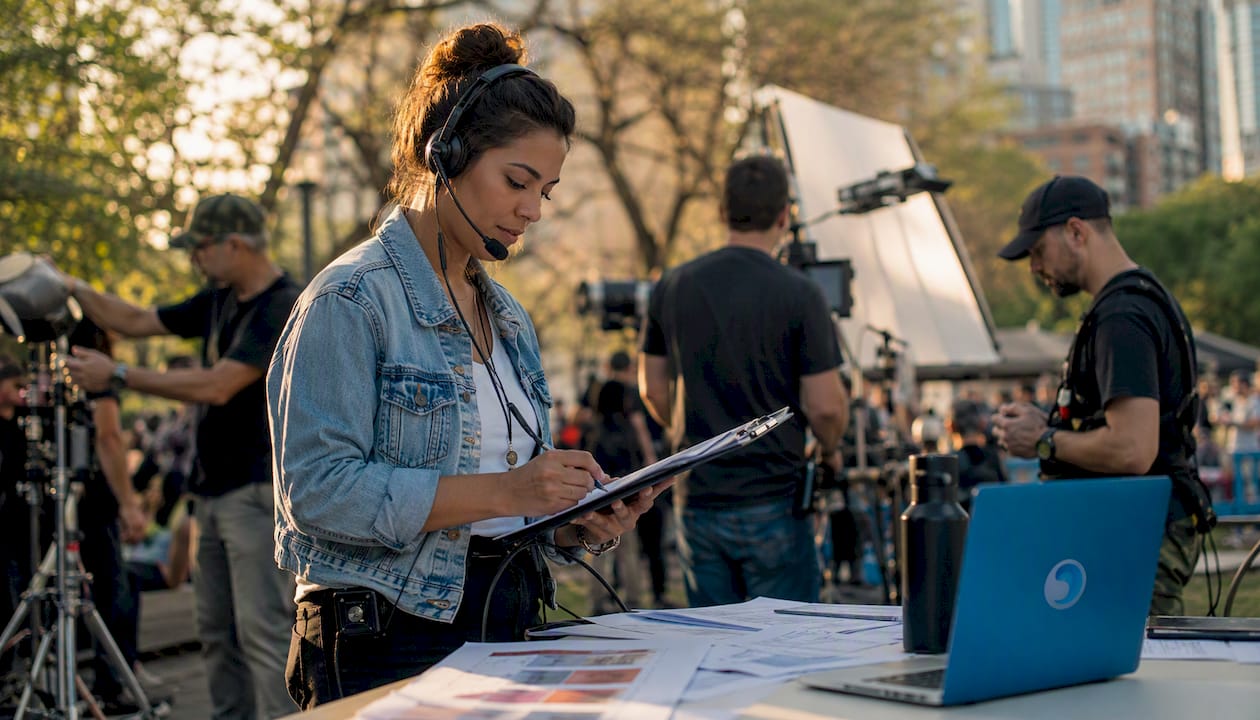 Woman coordinating film crew departments in office