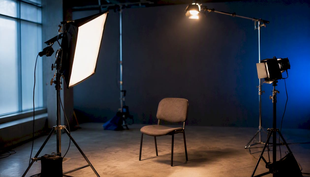 Three-point lighting setup in video studio