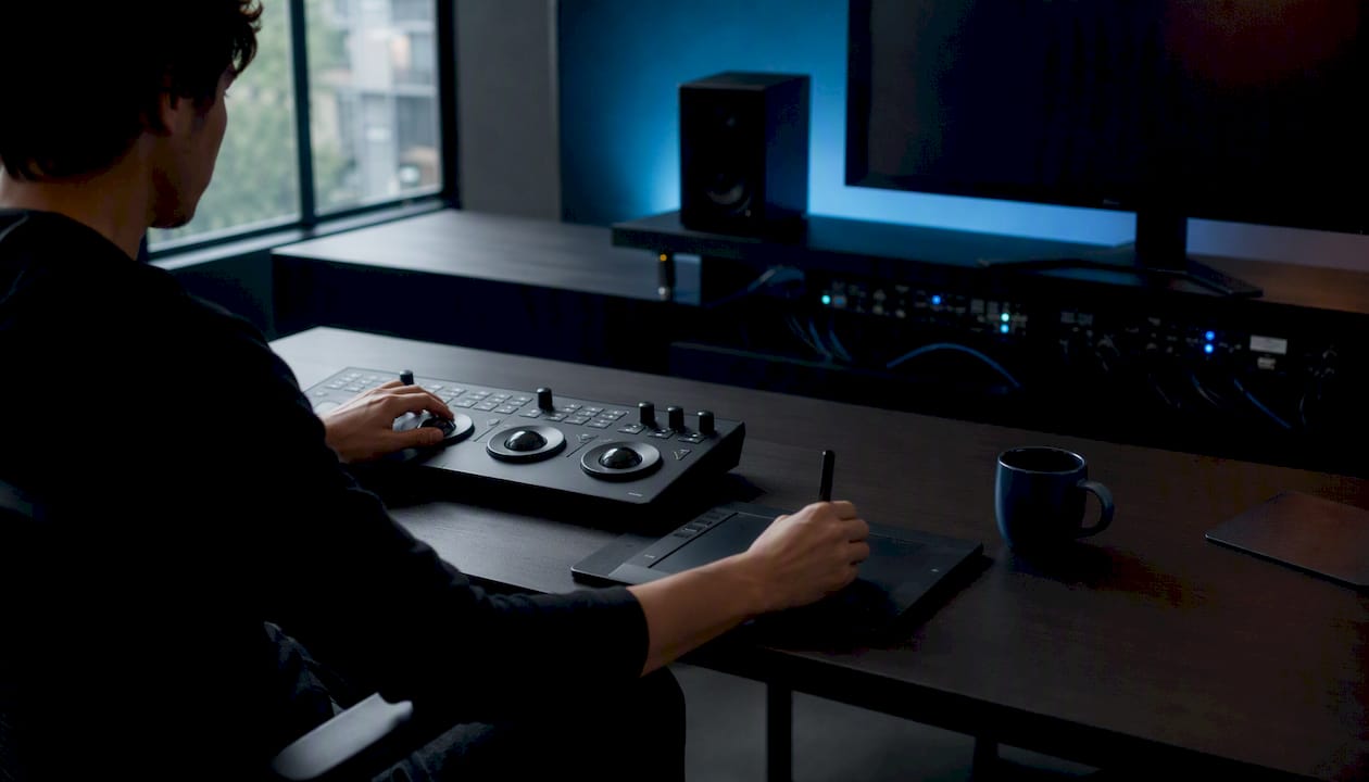 Hands manipulating video editing color grading controls
