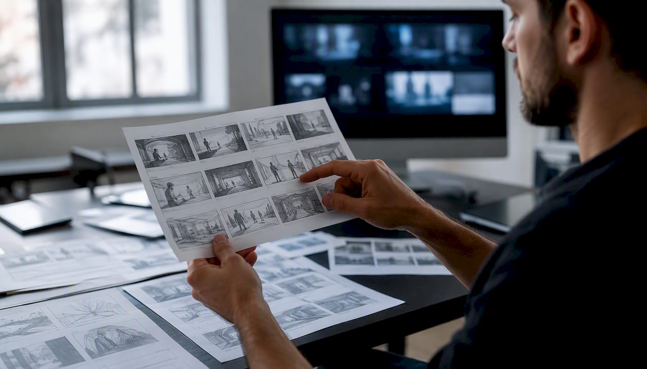 Hands sketching storyboard panels in pre-production