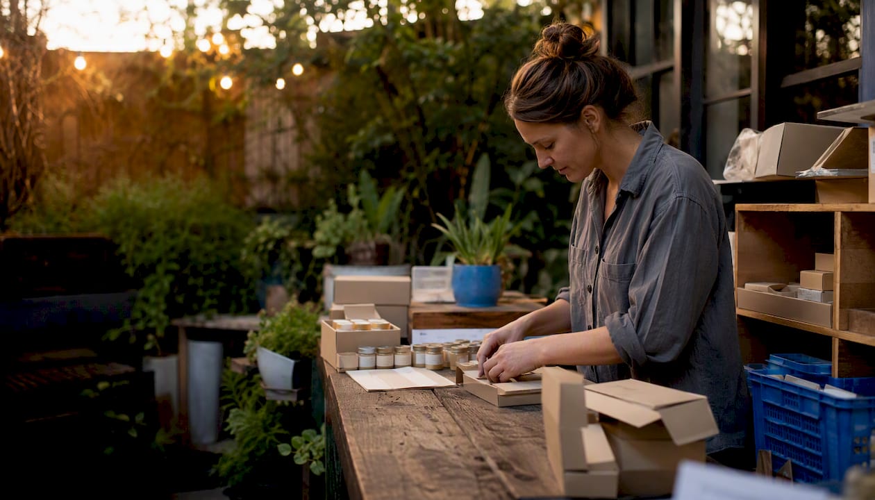 Hands arranging product samples in small business workspace