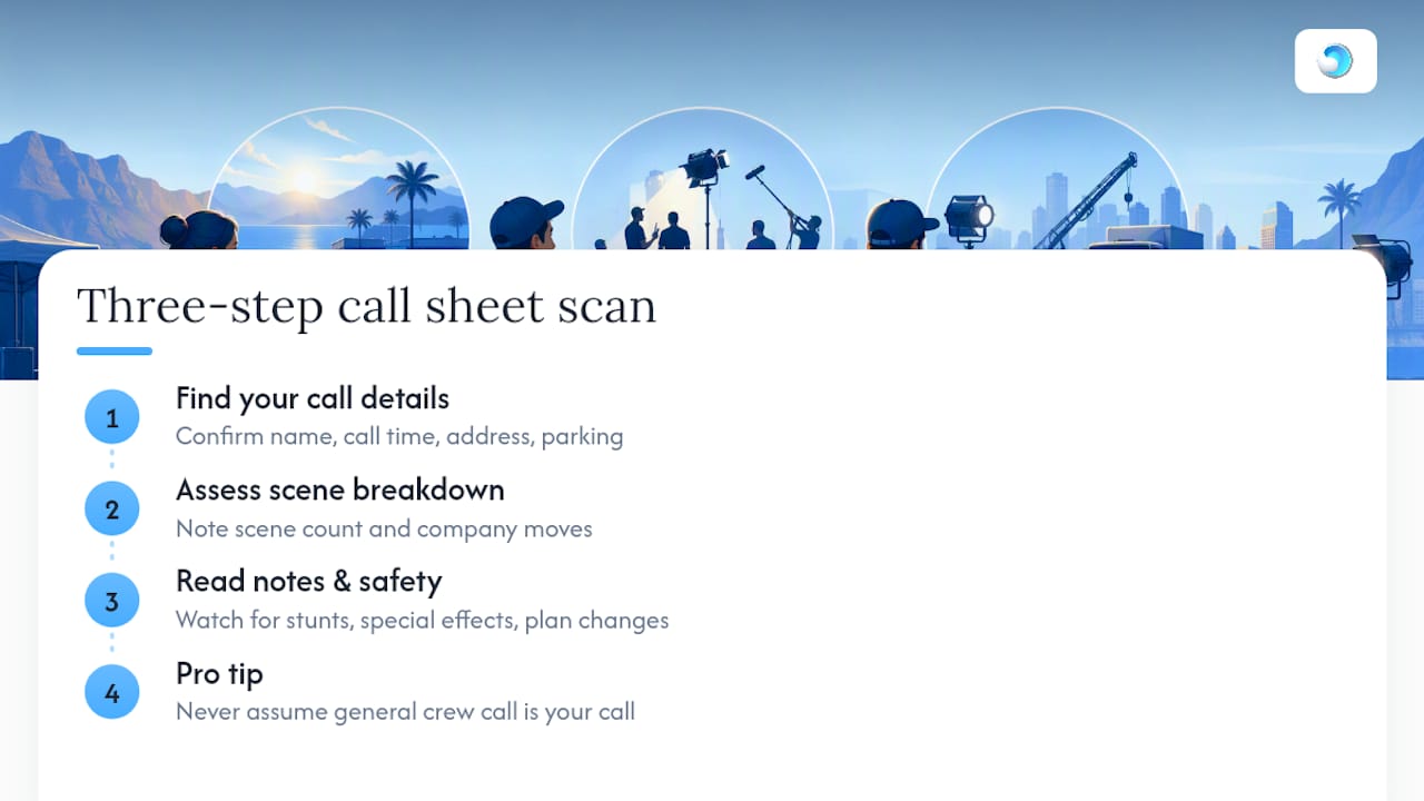 Diagram showing a three-step call-sheet scan: call time and location, daily work, then notes
