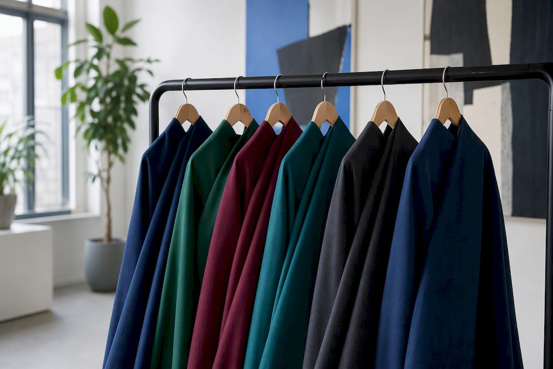 Solid-color, matte garments prepared as wardrobe options for a video shoot