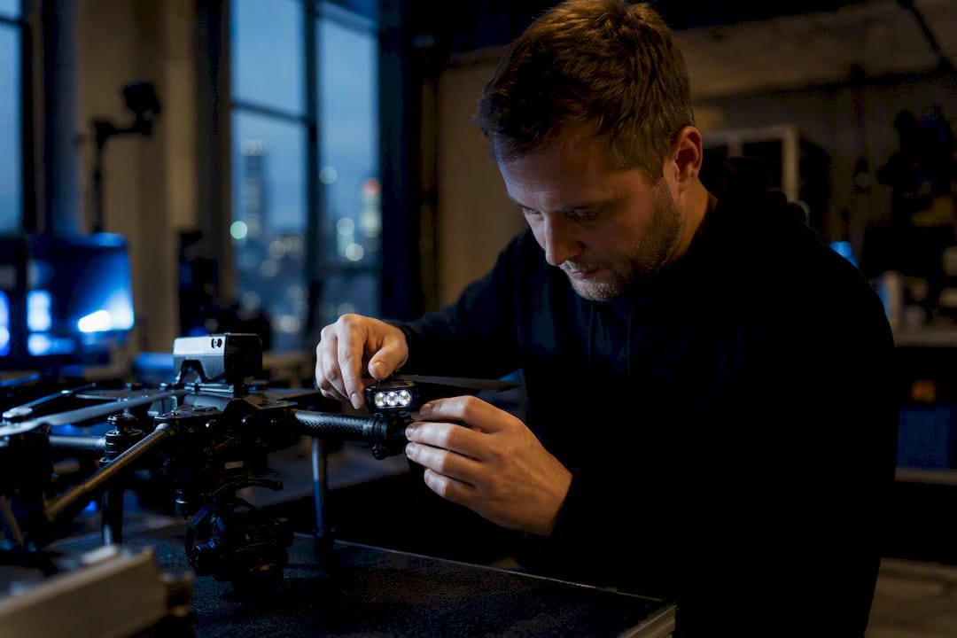 Crew member fitting an anti-collision light to a drone for a night operation