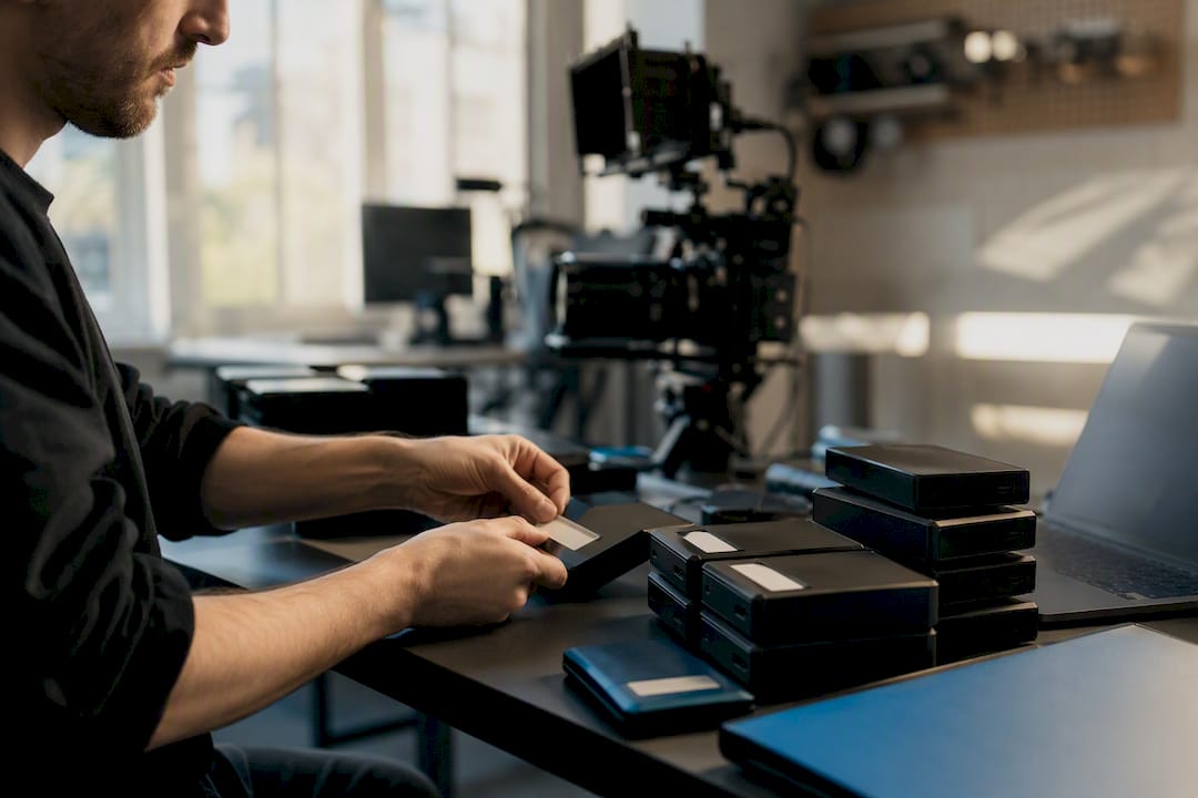 Hands organizing video storage drives