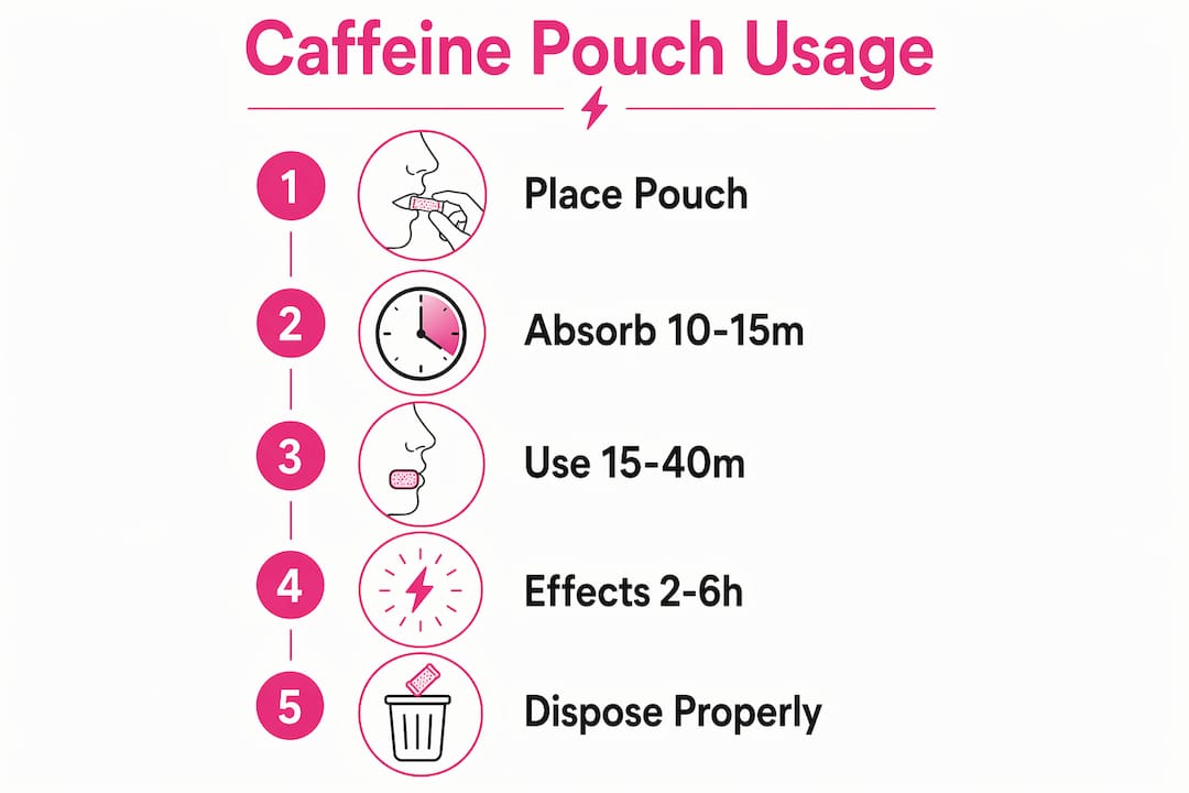 Infographic showing caffeine pouch usage duration steps