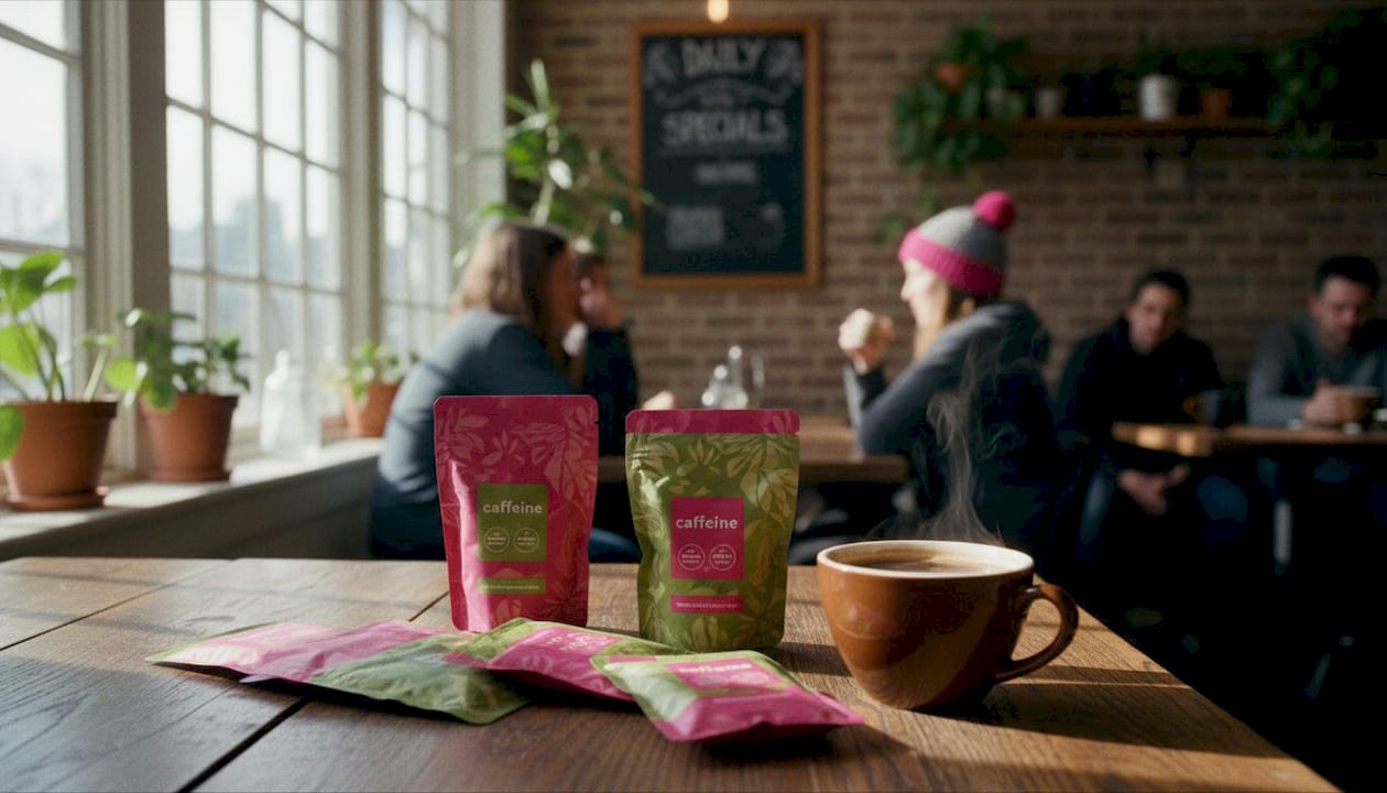 Close-up of caffeine pouches and coffee on desk