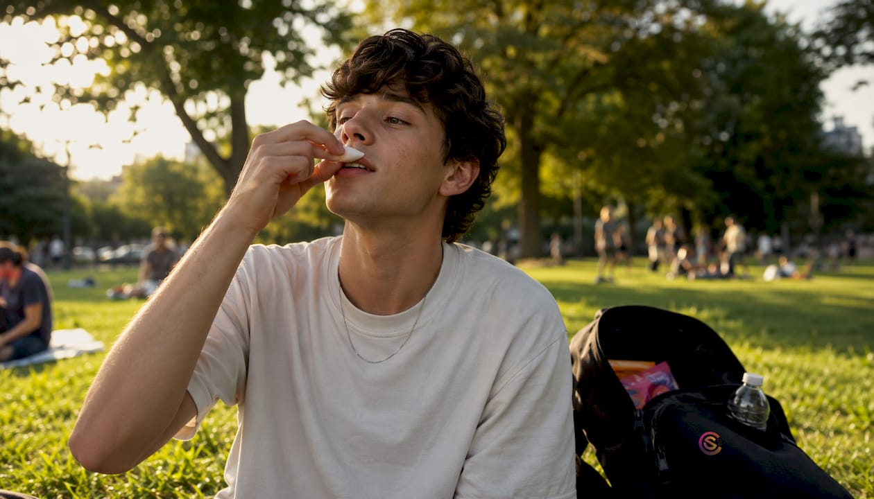 Hands placing caffeine pouch between lip and gum