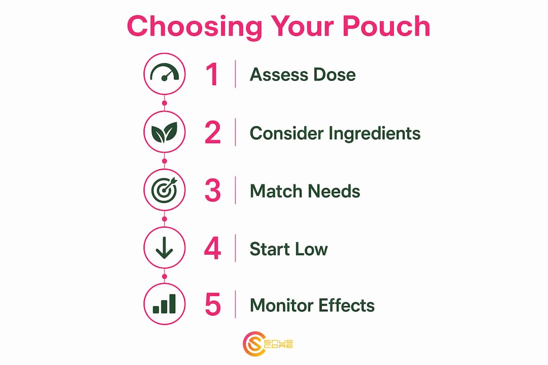 Step-by-step guide infographic on choosing caffeine pouches