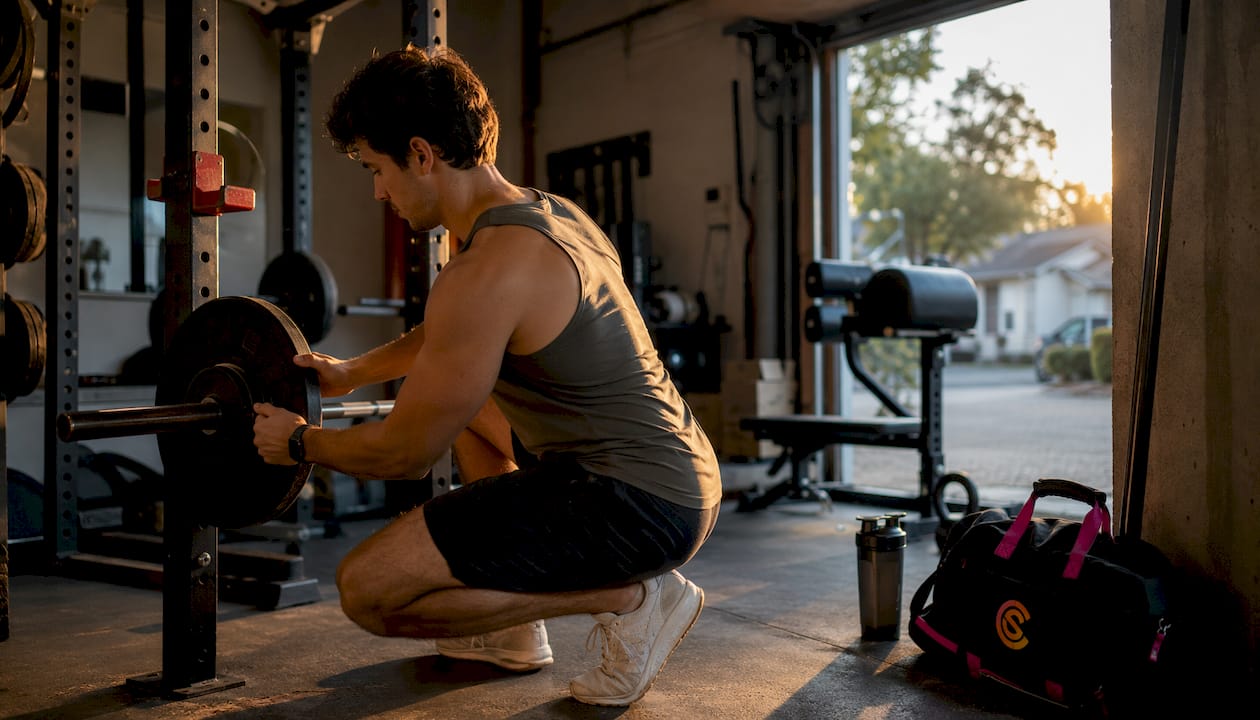 Garage gym with Titan Fitness equipment and user