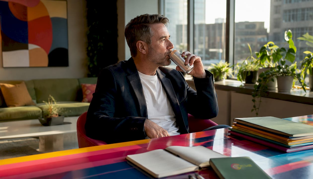 Man drinking energy drink in office