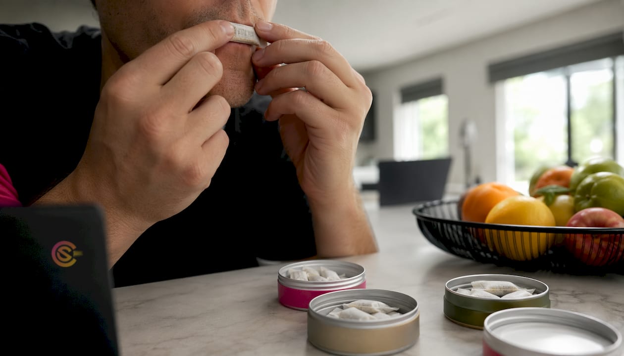Hands placing caffeine pouch under lip