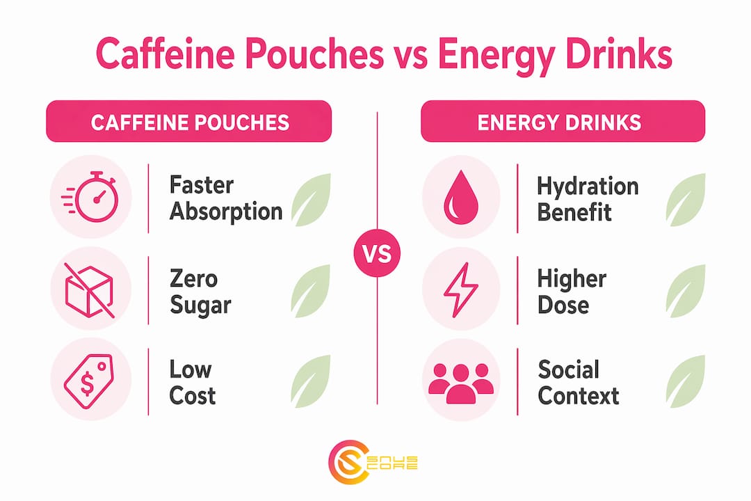 Infographic comparing caffeine pouches and energy drinks