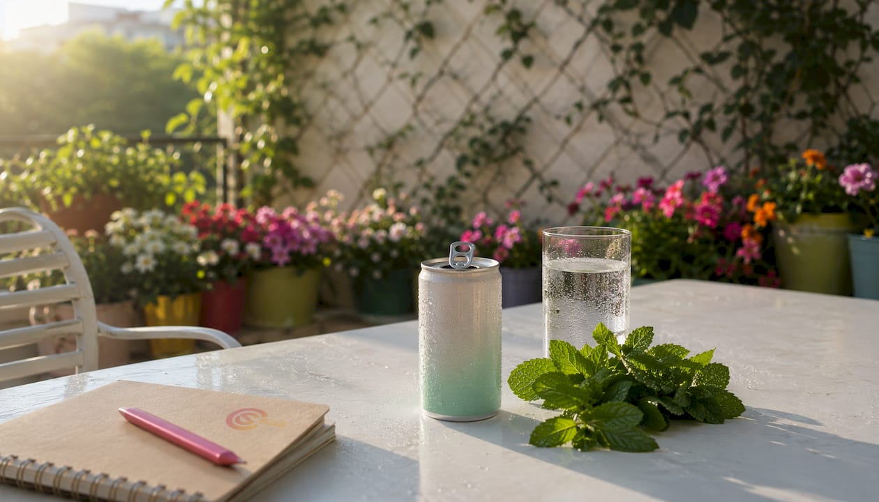 Close-up of VELO mint pouch with fresh mint leaves