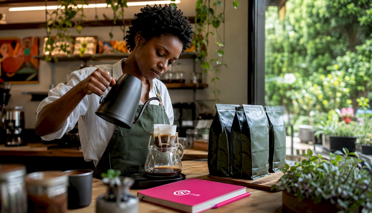 Barista preparing pour-over coffee pouch brew in café