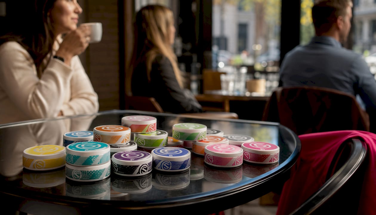 Colorful nicotine pouch tins displayed on wooden surface