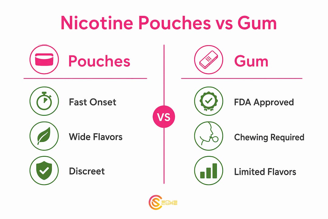 Infographic comparing nicotine pouches and gum features