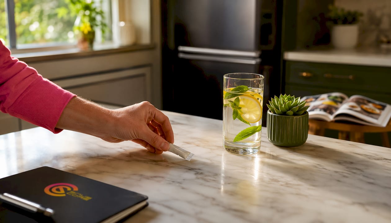 Close-up hand placing caffeine pouch on table