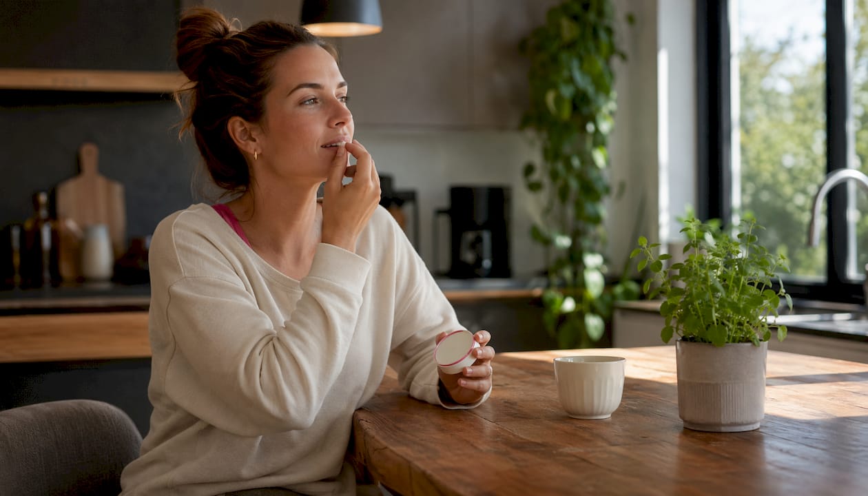 Woman using nicotine pouch on couch