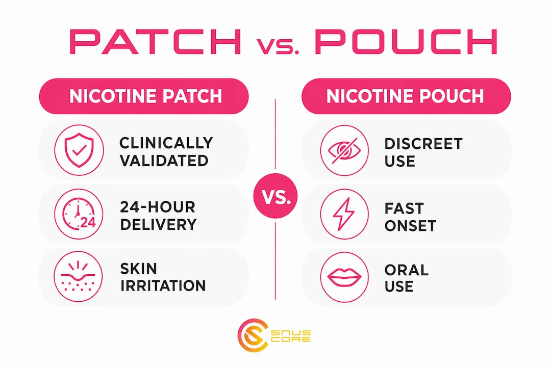 Infographic comparing nicotine patches and pouches side by side