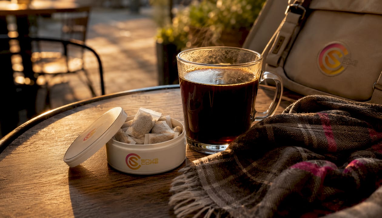 Overhead view of caffeine pouch tin and coffee cup