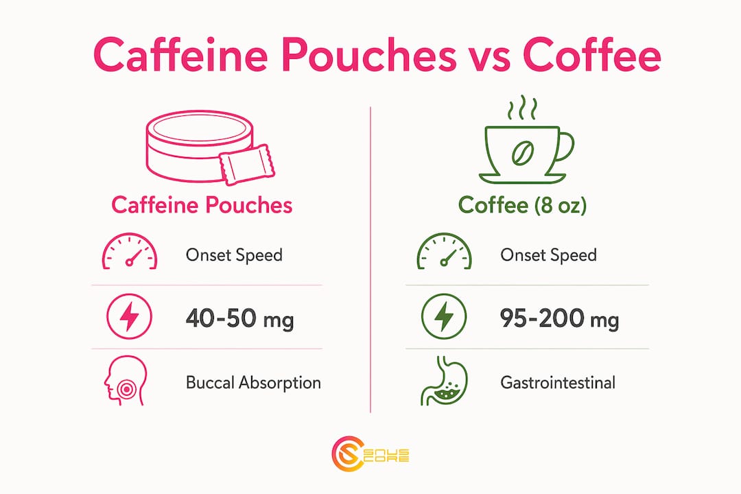 Infographic comparing caffeine pouches and coffee side-by-side