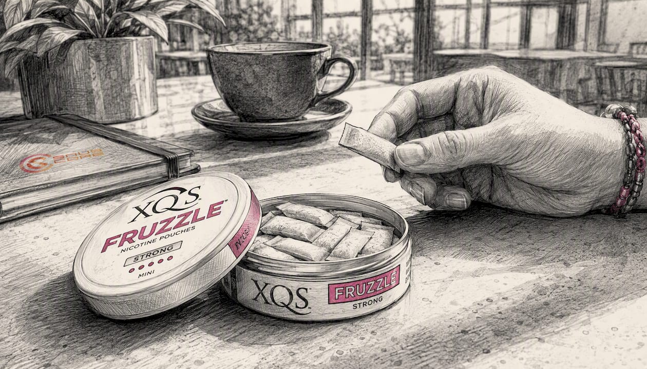 Close-up of XQS nicotine pouch tin and hands holding pouch