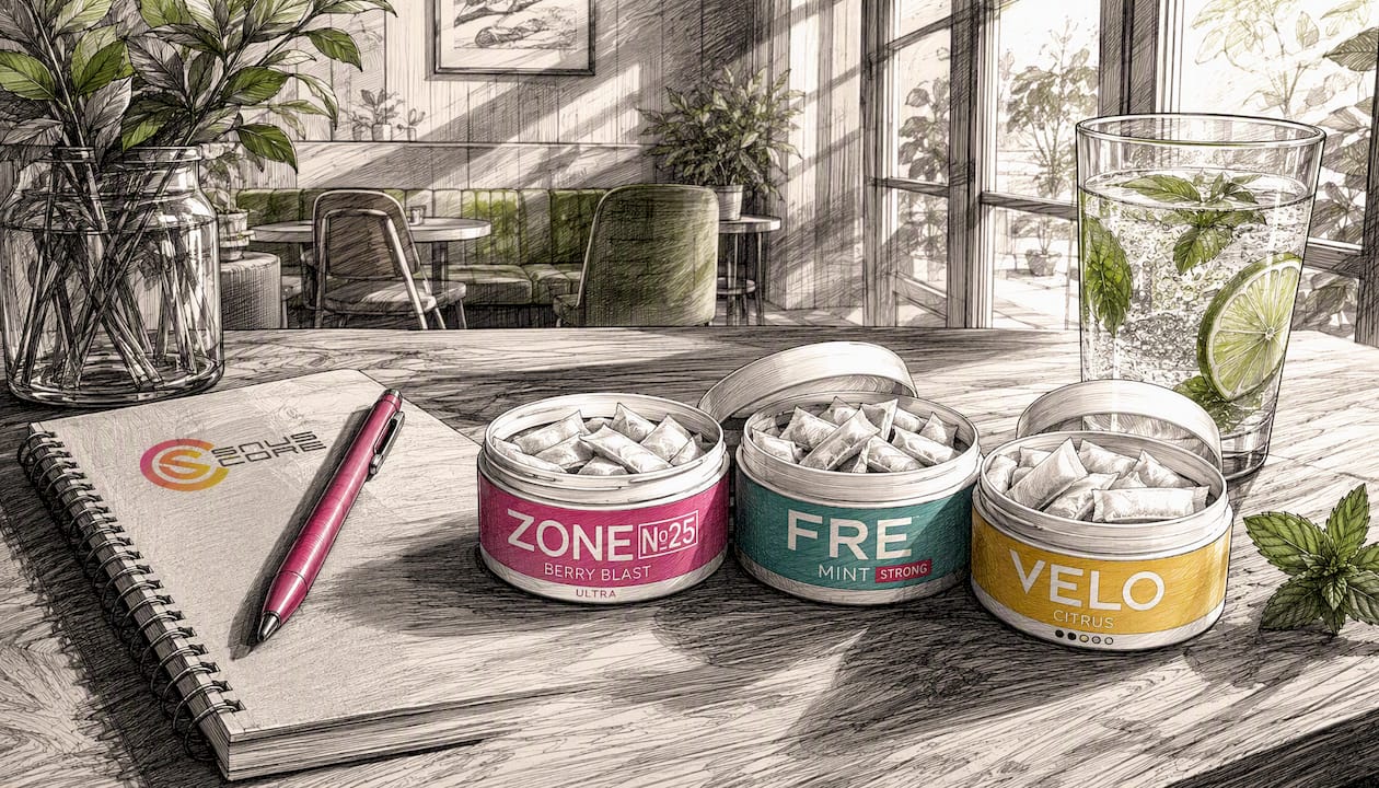Nicotine pouch tins with lemon and sparkling water on kitchen counter
