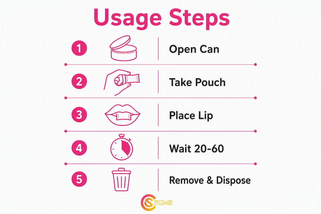 Infographic illustrating step-by-step nicotine pouch use